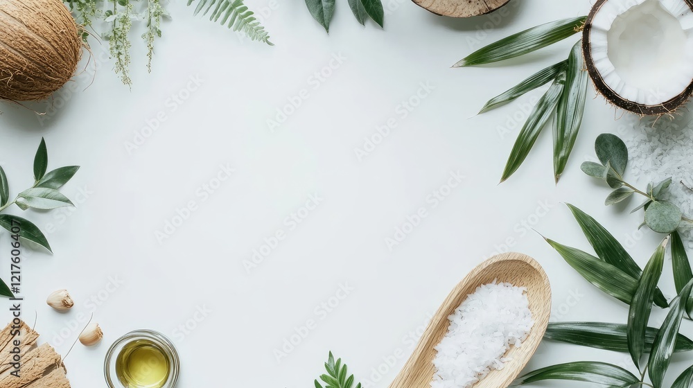 Poster natural ingredients and leaves arranged in a circular layout on a white background with copy space f
