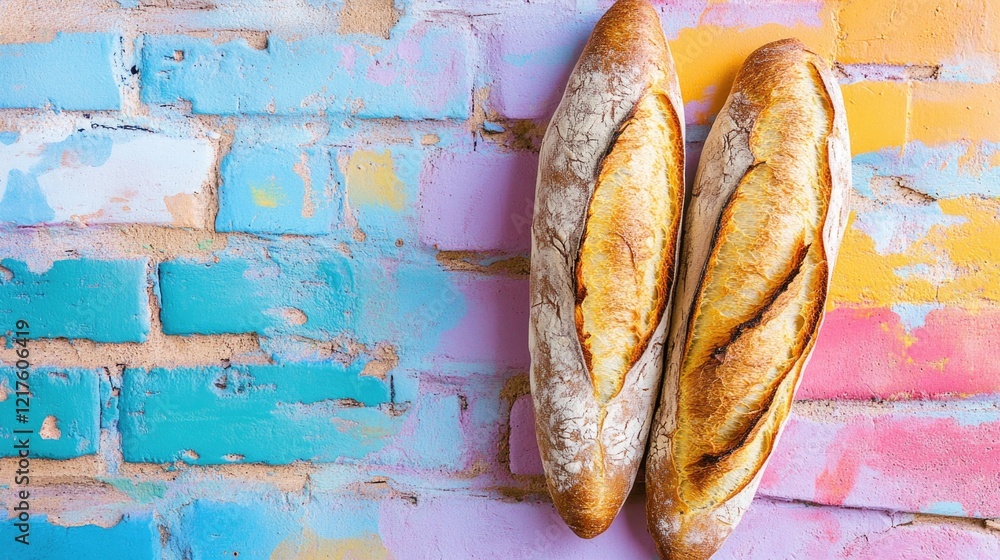 Poster two freshly baked baguettes resting on a colorful painted brick background with ample copy space for