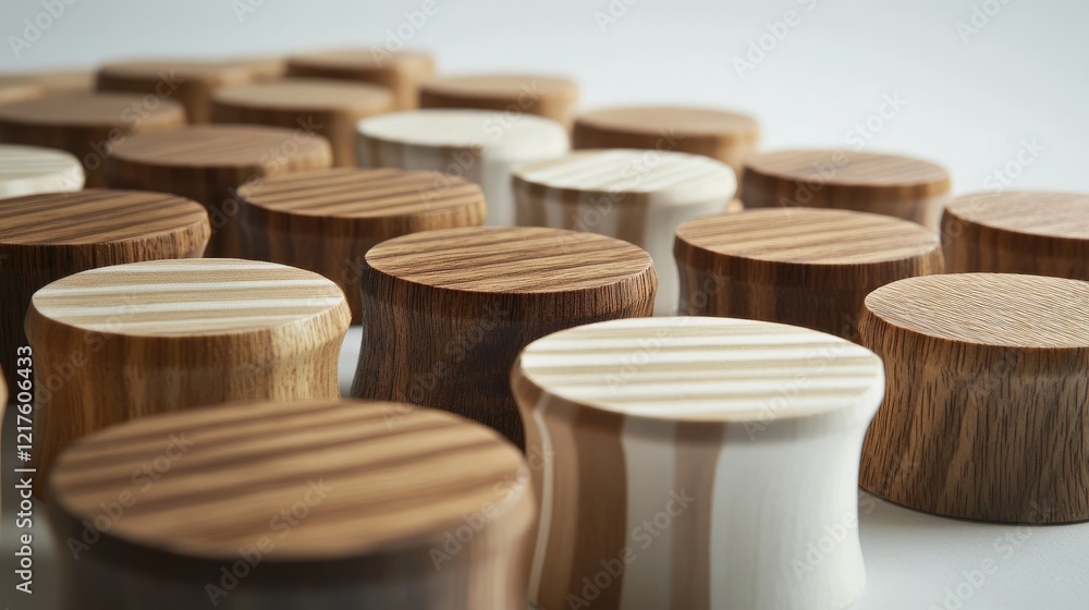 Poster various wooden stools with different patterns and textures on white background with copy space