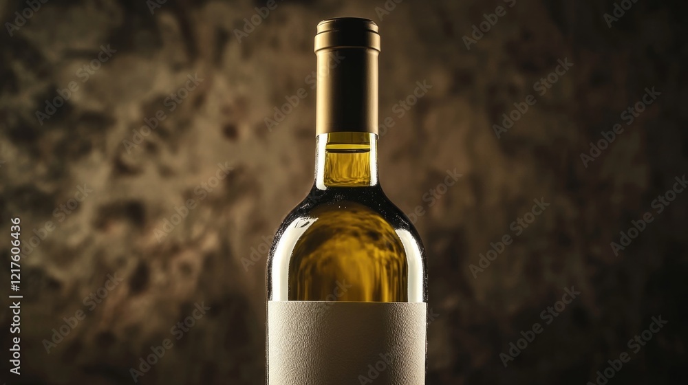 Poster elegant white wine bottle with golden cap on textured background featuring copy space for branding o