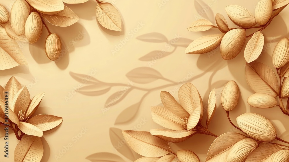 Poster seamless beige background with leaf and nut illustrations featuring soft shadows and natural texture