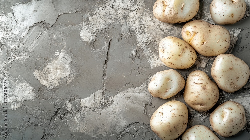 Aufkleber fresh unpeeled potatoes arranged on a textured gray background with ample copy space for text placem