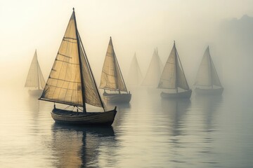 Fototapeta premium Wooden sailboats glide through a misty lake at dawn, creating a serene and ethereal atmosphere.