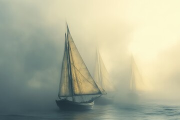 Fototapeta premium Three sailing ships navigate a misty sea, their sails billowing in the ethereal light.