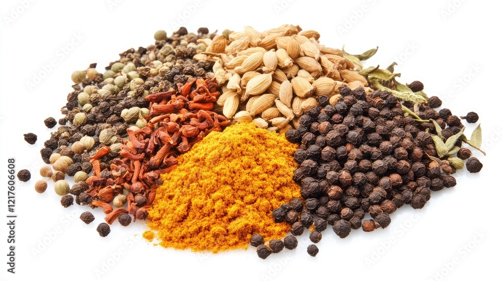 Poster assorted spices and herbs on a white background with copy space for text placement