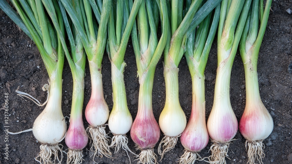 Aufkleber freshly harvested green onions with varying sizes and colors displayed on soil background with copy 