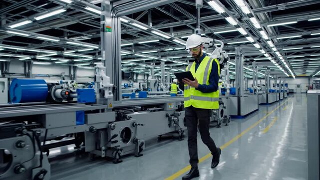 Workers assess production processes in a modern manufacturing facility in the afternoon