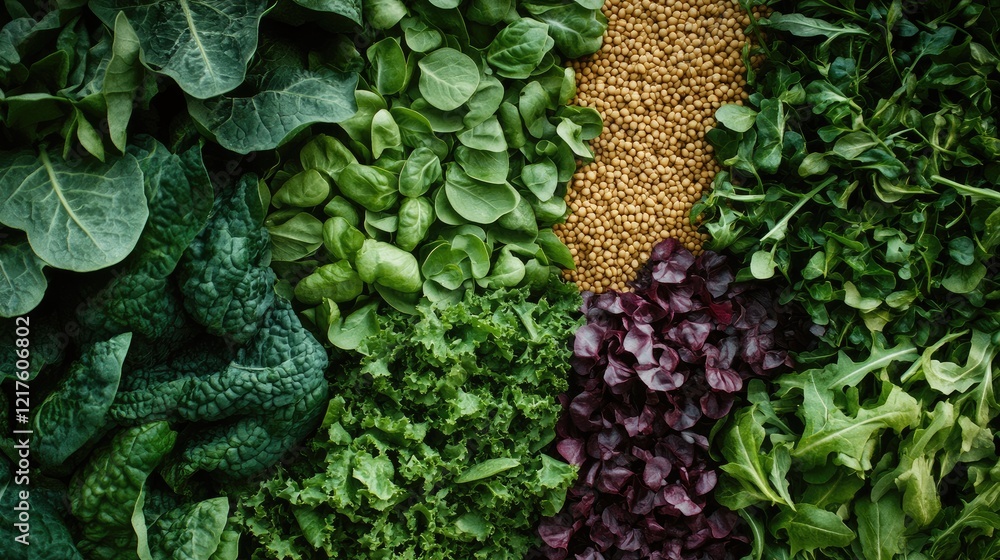 Aufkleber assorted fresh leafy greens and seeds in a textured arrangement with copy space for text placement.