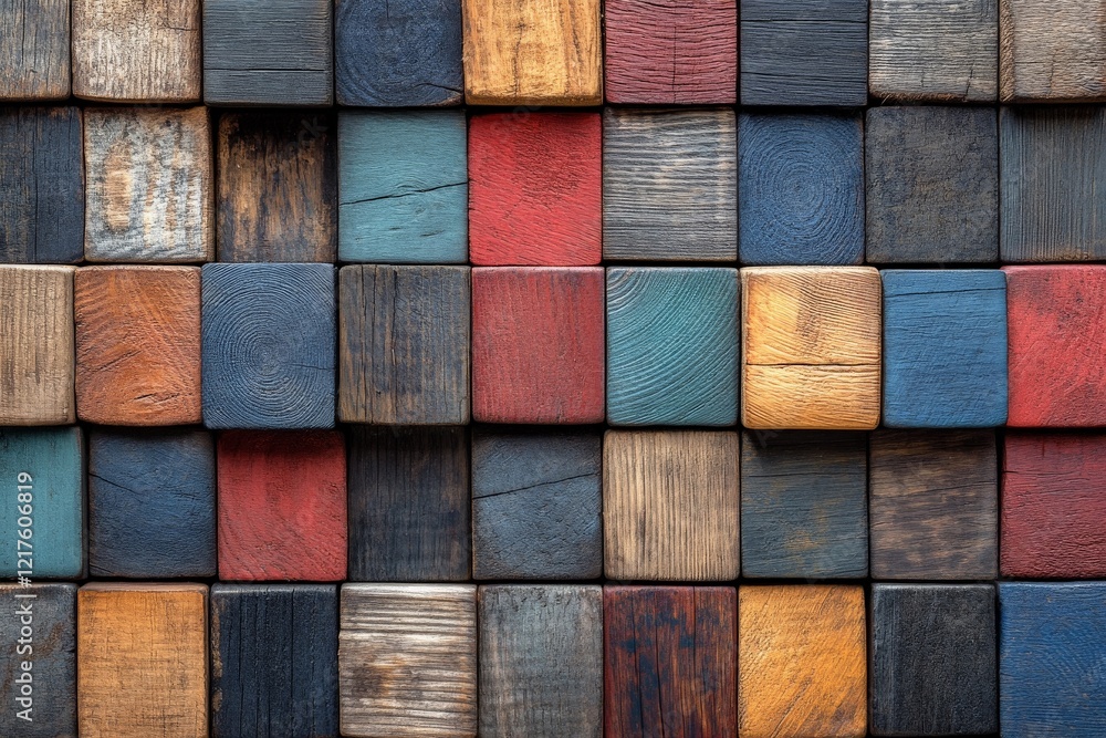Poster colorful wooden blocks arranged in a mosaic pattern create a vibrant texture for creative design