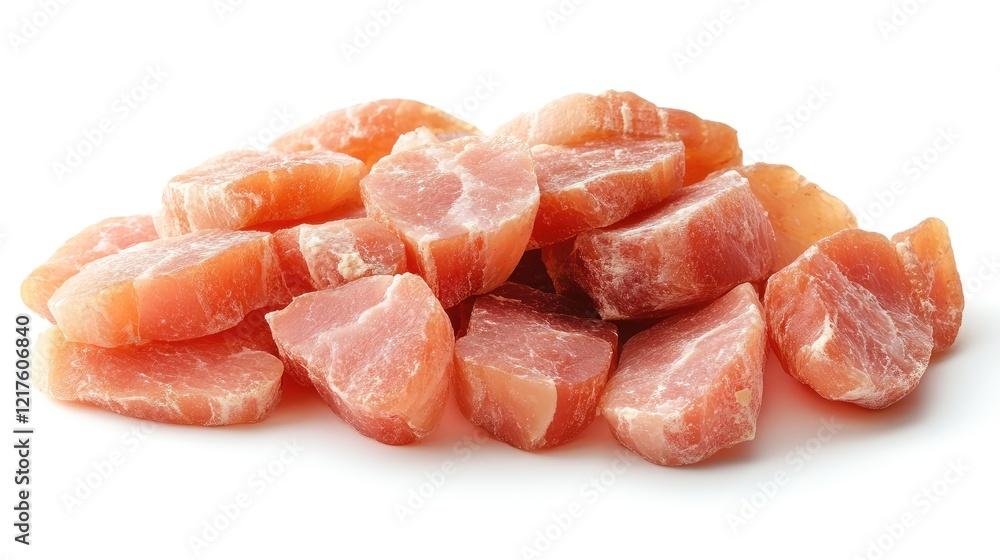 Poster raw pork meat chunks on white background with copy space for text placement