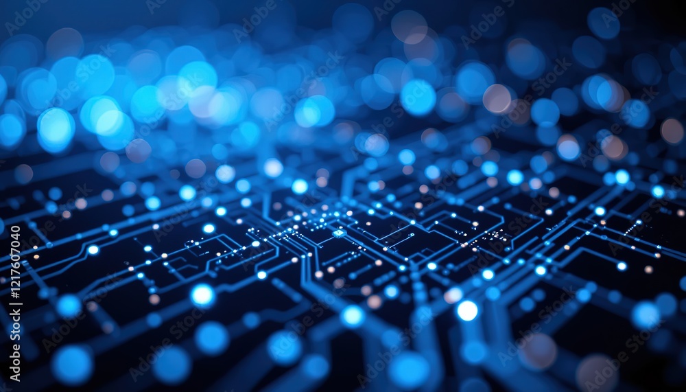Poster abstract blue circuit board background with glowing dots and bokeh lights on dark black background, 