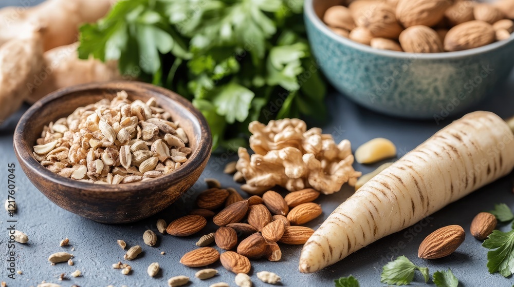 Poster mixed assortment of nuts seeds and roots including oats almonds walnuts and parsnip with fresh coria