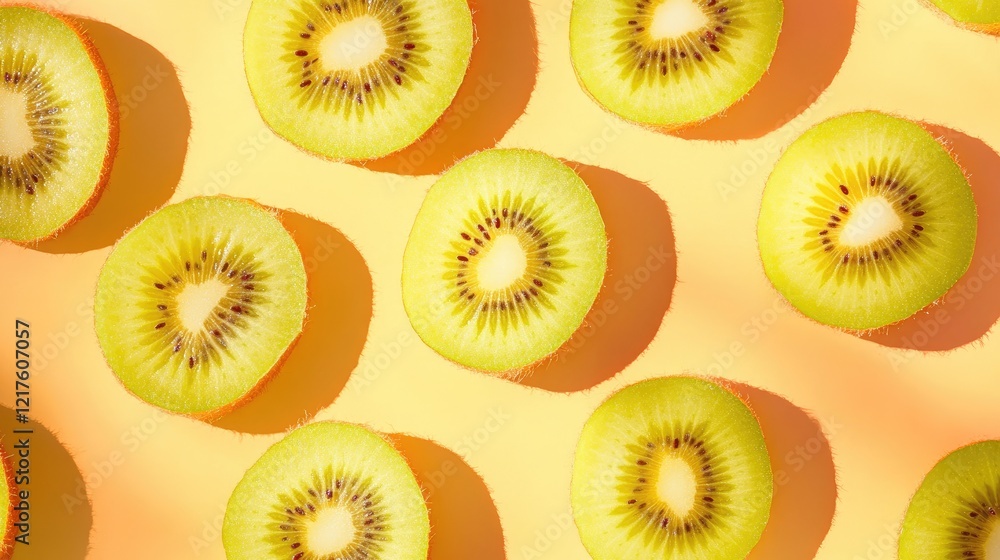 Poster sliced kiwi fruit arranged on a yellow background with copy space for text placement