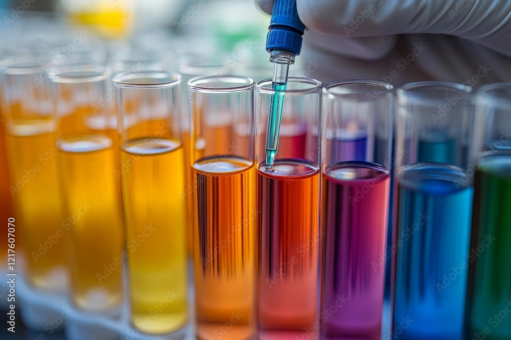 Poster colorful liquid experiments in test tubes during a science lab session with a pipette