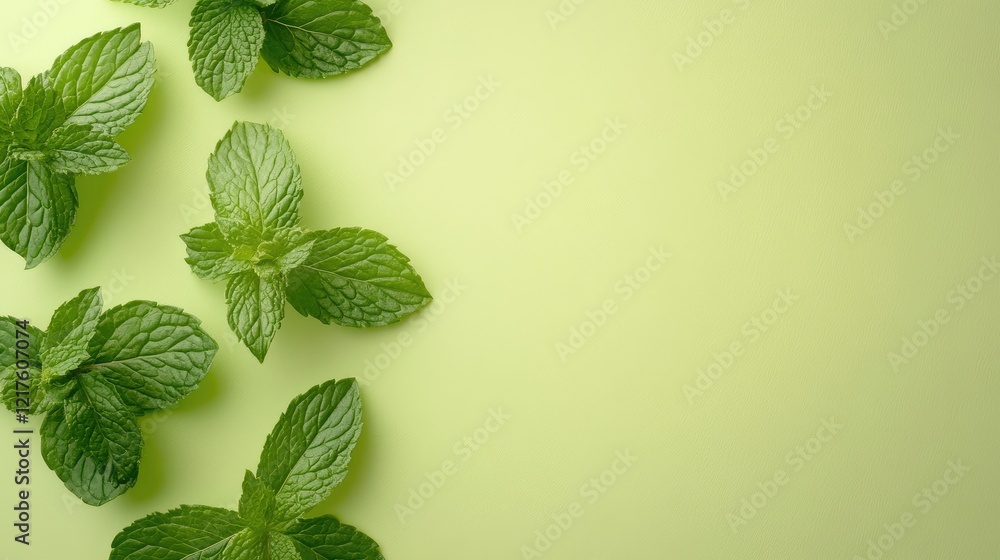 Poster fresh mint leaves arranged on a pale green background with ample copy space for text insertion.