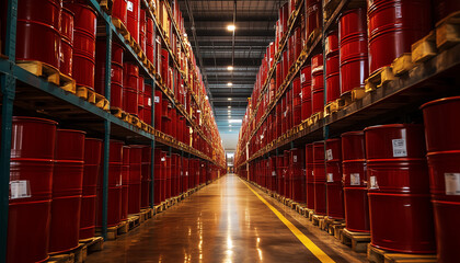 Fototapeta premium shelves of red metal barrels