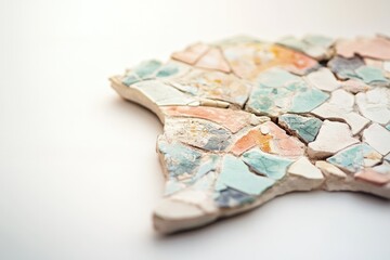 A broken piece of mosaic art, showcasing pastel colors and fragmented tiles.