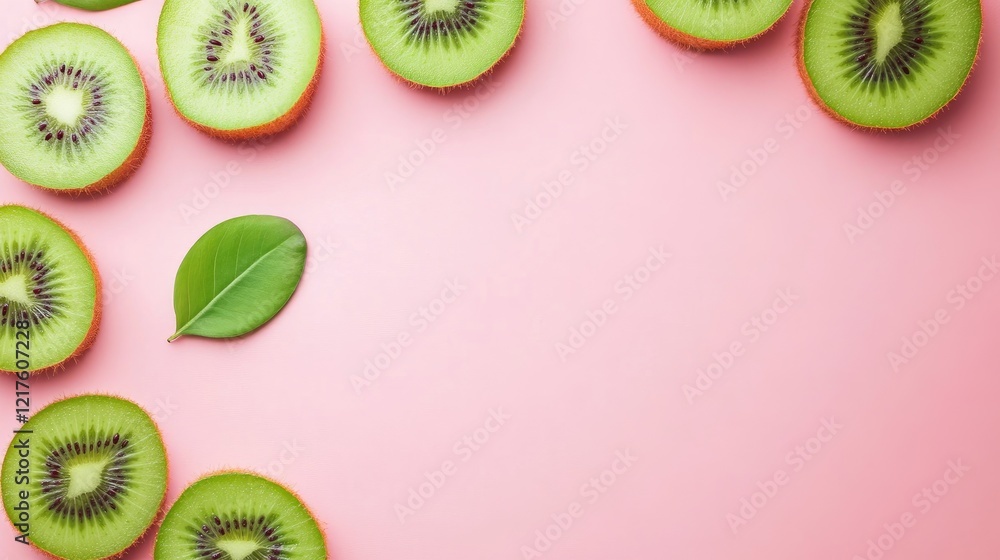 Poster sliced kiwi arranged on a pink background with a green leaf and copy space for text placement.