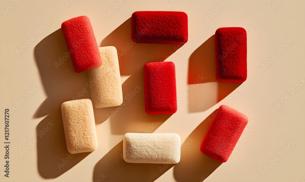 Poster rectangular red and beige objects with soft texture arranged on plain surface