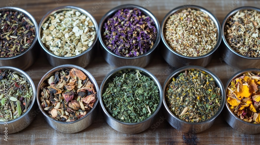 Poster assorted dried herbs and spices in metal containers arranged neatly on a wooden surface with copy sp