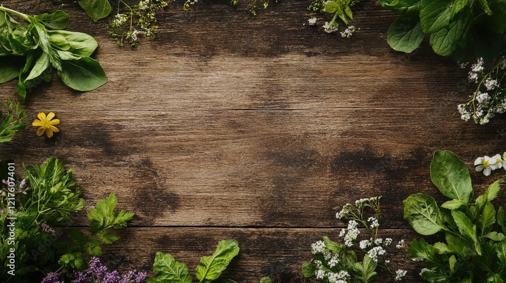 Poster herbs and fresh greens on rustic wooden background with copy space for text or design elements