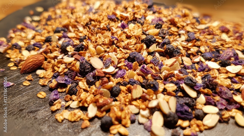 Poster colorful granola mixture with nuts and berries scattered on a dark surface with copy space for text 