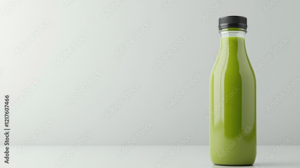 Aufkleber green smoothie in a clear glass bottle with a black lid on a minimalistic background with copy space