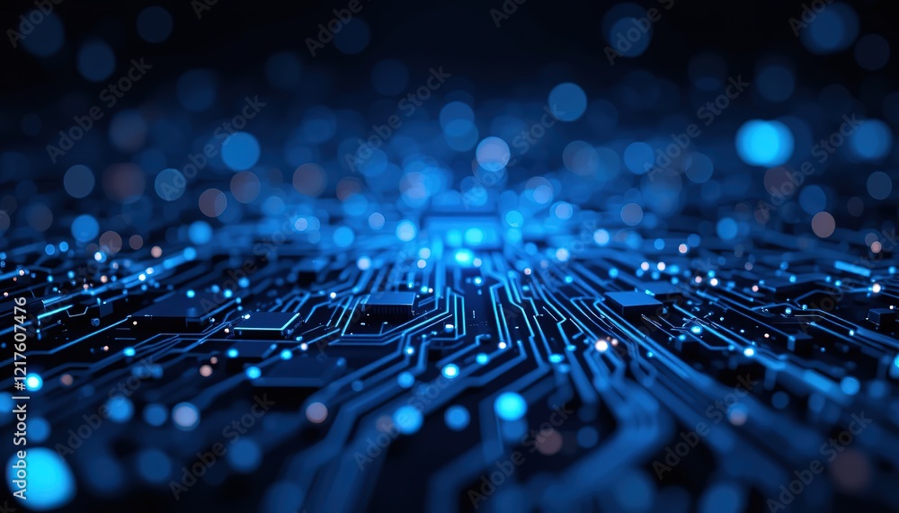 Poster abstract blue circuit board background with glowing dots and bokeh lights on dark black background, 