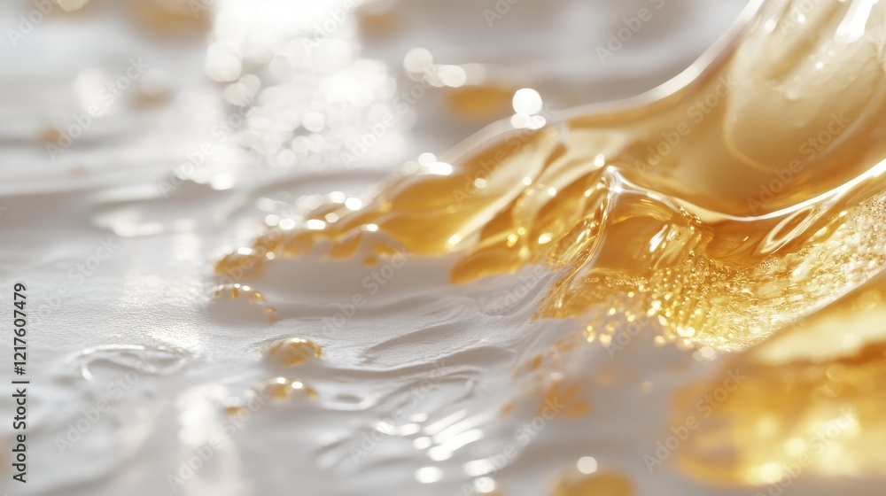 Poster close-up of golden liquid honey flowing on a glossy surface with reflections and bubbles copy space