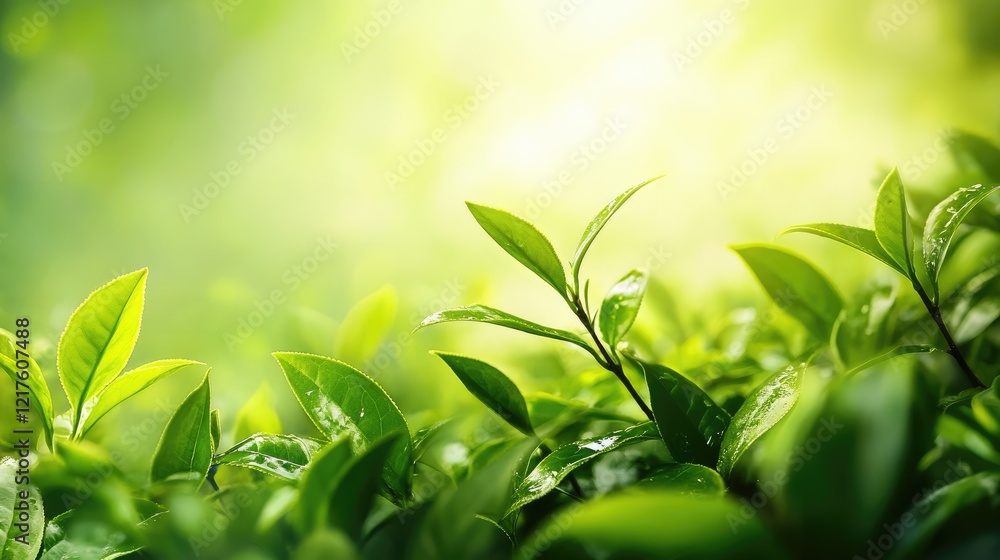 Aufkleber close-up of lush green foliage with soft focus background and copy space for text placement