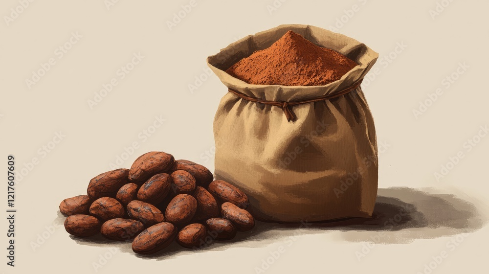 Poster bag of cocoa powder next to raw cocoa beans on a neutral background with ample copy space for text p