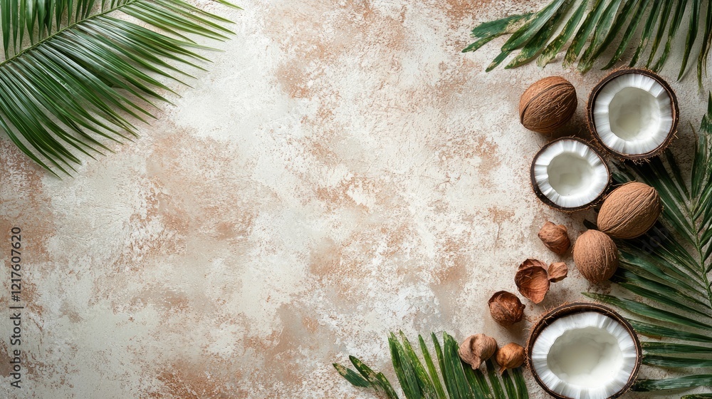 Poster coconut halves and whole nuts arranged with palm leaves on textured background with copy space for t
