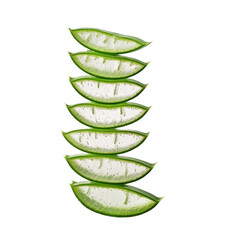 Freshly sliced aloe vera stacked neatly on a reflective surface for health and wellness purposes, Slices of fresh aloe vera plant stacked