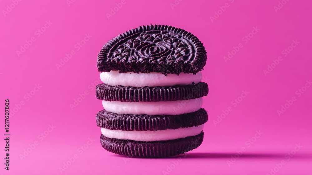 Poster stack of oreo cookies on a pink background with copy space for text placement. ideal for food photog