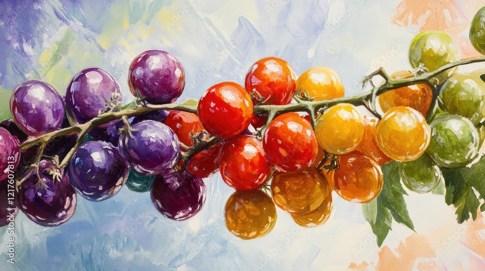 Poster colorful assortment of glossy grapes on vine with a blurred background and ample copy space for text