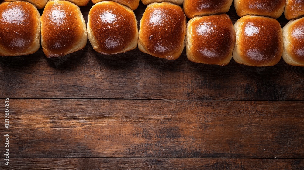 Poster freshly baked golden dinner rolls arranged neatly on a rustic wooden table with ample copy space for