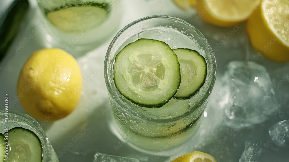 Poster fresh cucumber and lemon slices in a glass with ice cubes and whole lemons around on a light surface