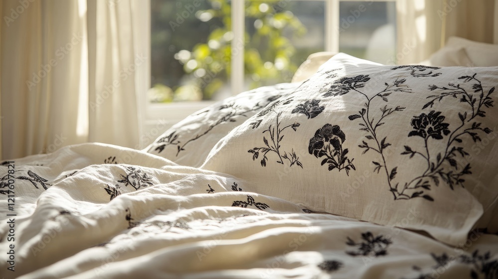 Poster floral printed bedding setup on a bed with sunlight filtering through the window creating a soft atm