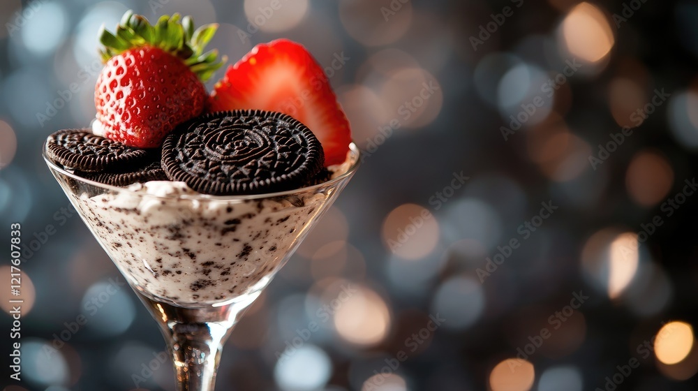 Poster delicious dessert in a glass featuring crushed cookies and fresh strawberries with bokeh background 