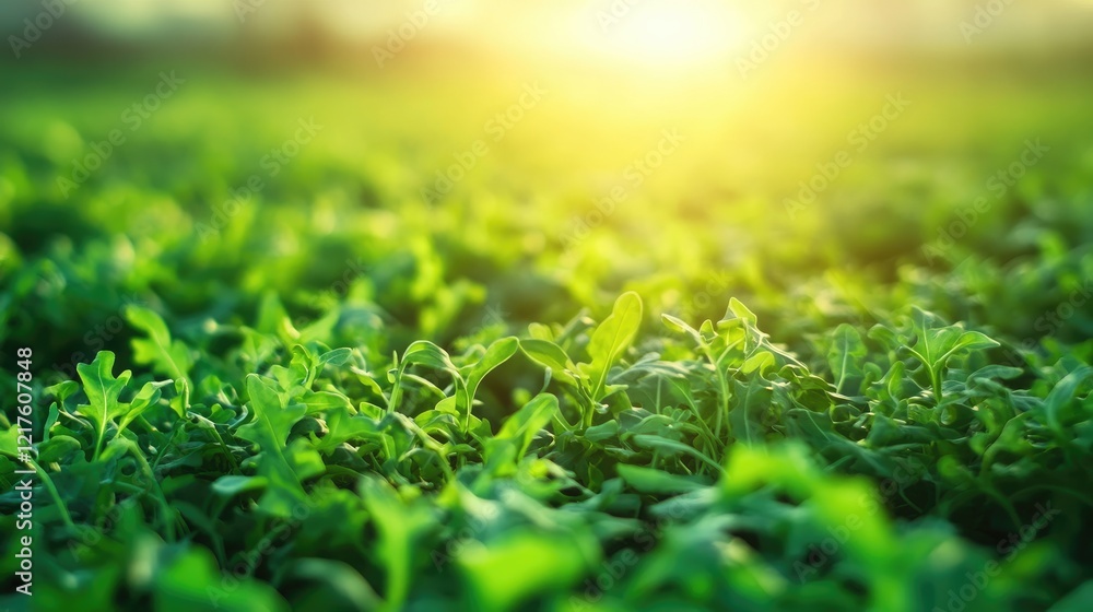 Poster green lush grass field with sunlight in the background and shallow depth of field copy space