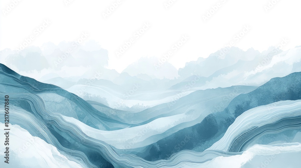 Poster abstract blue and gray waves rolling over a horizon with soft clouds in the background and ample cop