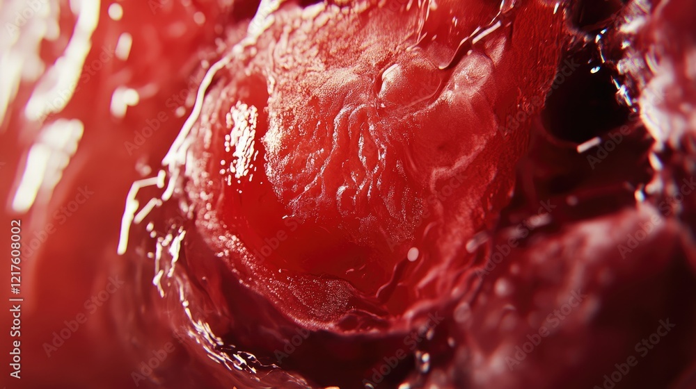 Poster close-up macro shot of red jelly-like substance with glossy texture and intricate details featuring 