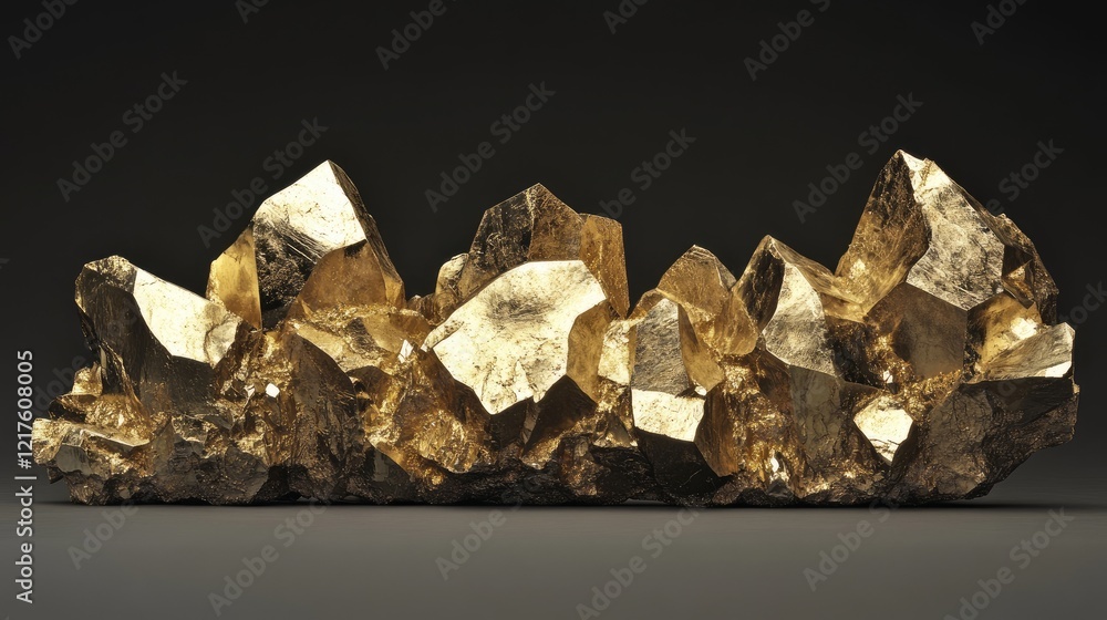 Poster golden pyrite mineral cluster with facets and reflections isolated on dark background with copy spac