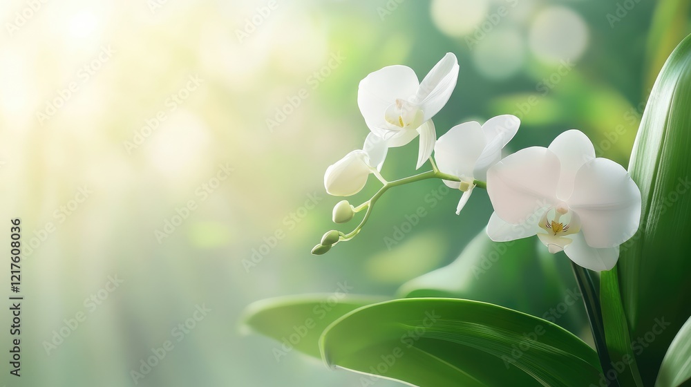 Aufkleber white orchids with green leaves in soft natural light with a blurred background, featuring copy spac