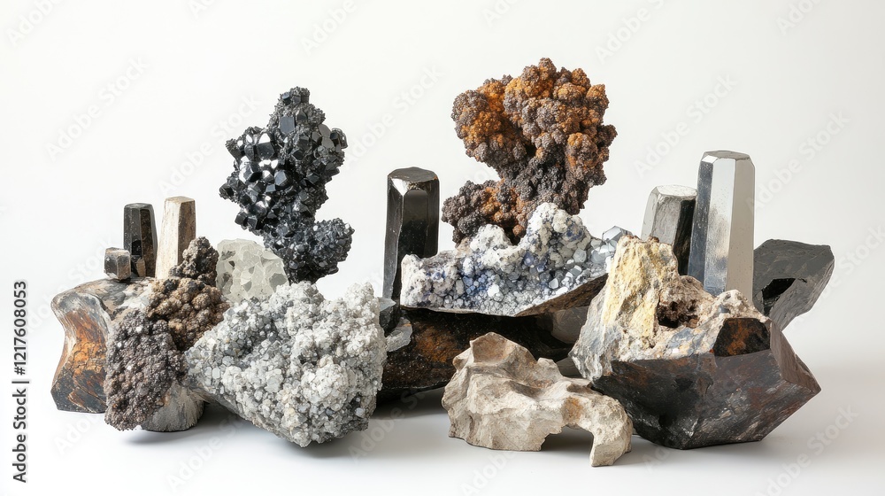 Poster collection of various crystals and minerals displayed on a white background with copy space for text