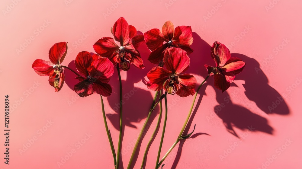 Poster red orchids on pink background with shadows and copy space for text