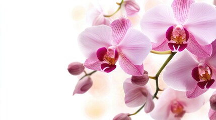 Pink orchid flowers with soft focus background and ample copy space for text insertion.