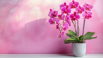Obraz premium Orchid flowers in a white pot against a pink background with textured wall and ample copy space for text placement