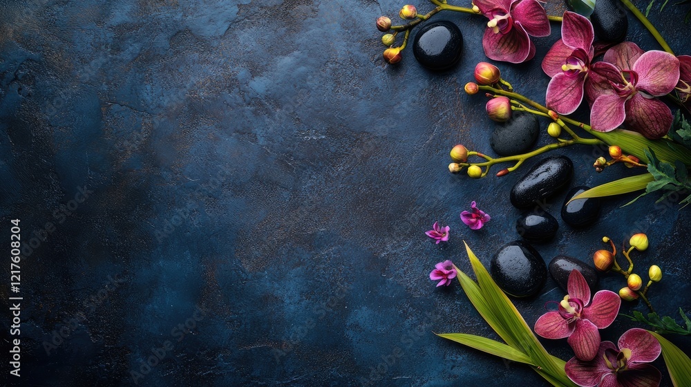 Poster colorful orchids and smooth black stones on a dark textured background with green foliage and copy s