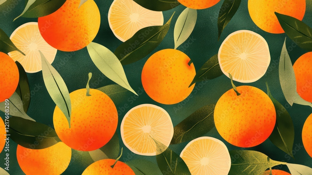 Poster colorful orange and lemon pattern with leaves on dark green background featuring copy space for text
